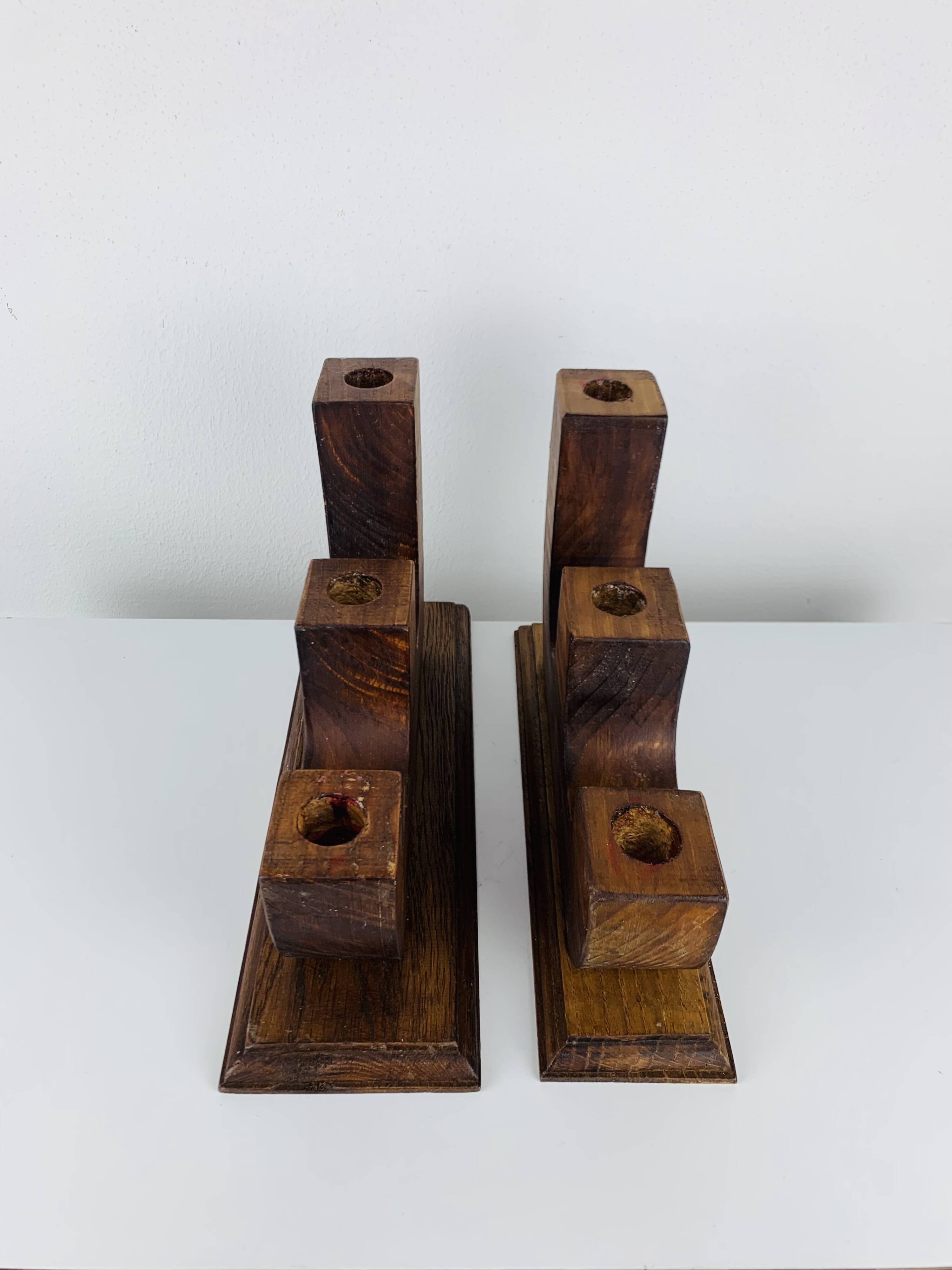 Pair of brutalist wooden candlesticks, 1960s