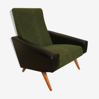 Fauteuil vintage pied compas laine et skaï