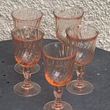 5 Rosaline wine glasses in twisted pink glasses, stamped France Vintage 1950/60