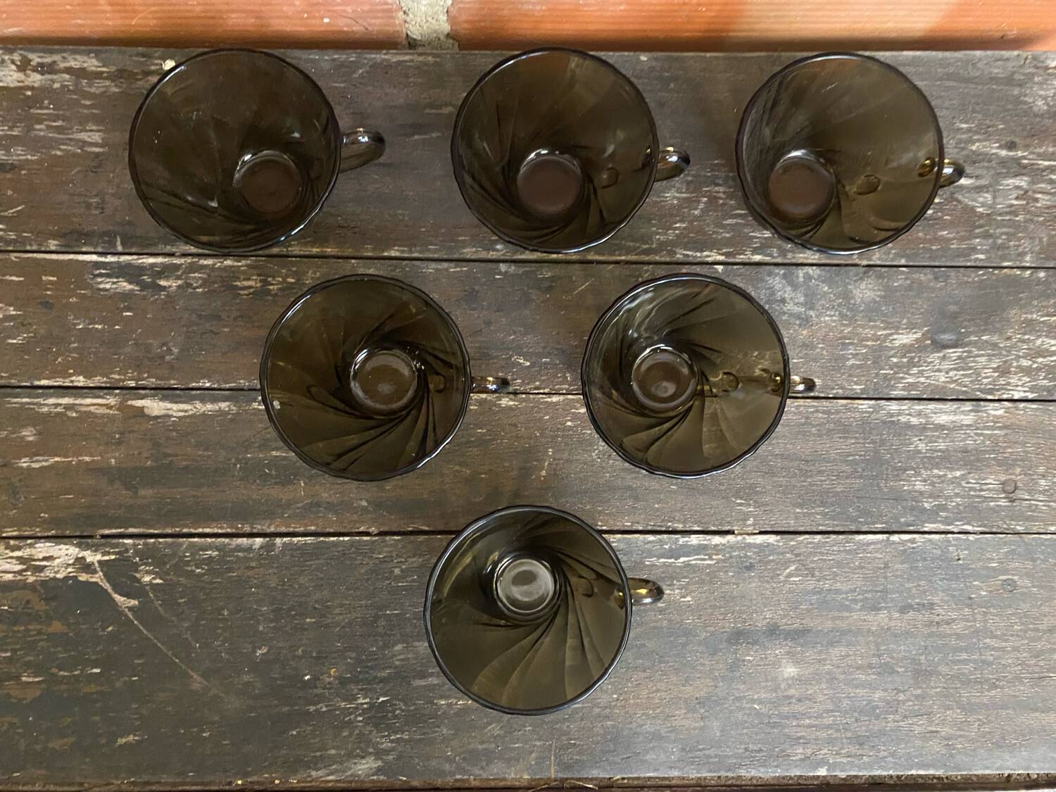 Set of 6 vintage Duralex molded smoked glass cups, art deco style