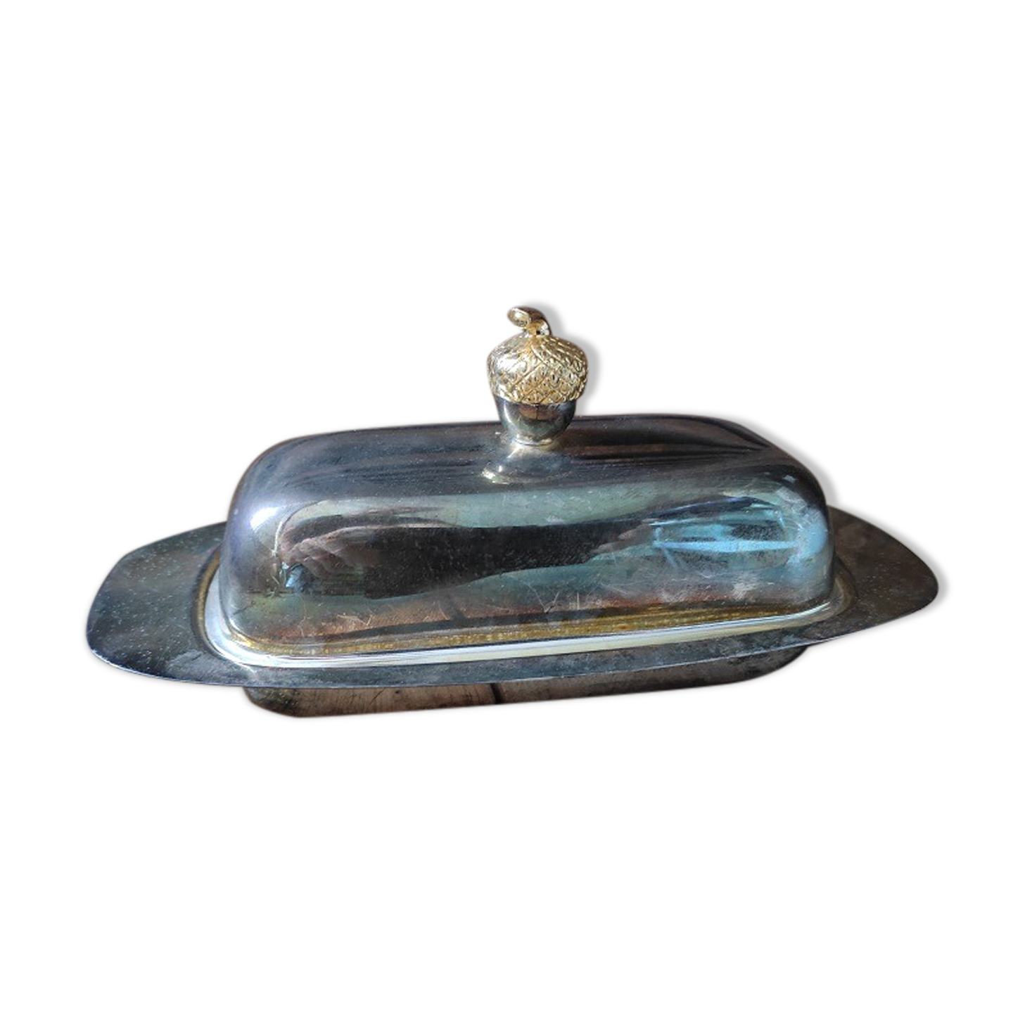 Butter dish silver metal cup glass acorn gilded