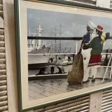 Old Color Print Sailor Children On The Naval Port + Green Wood Frame #B540
