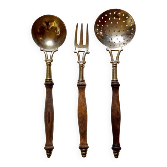 Trio of large brass and wood cutlery