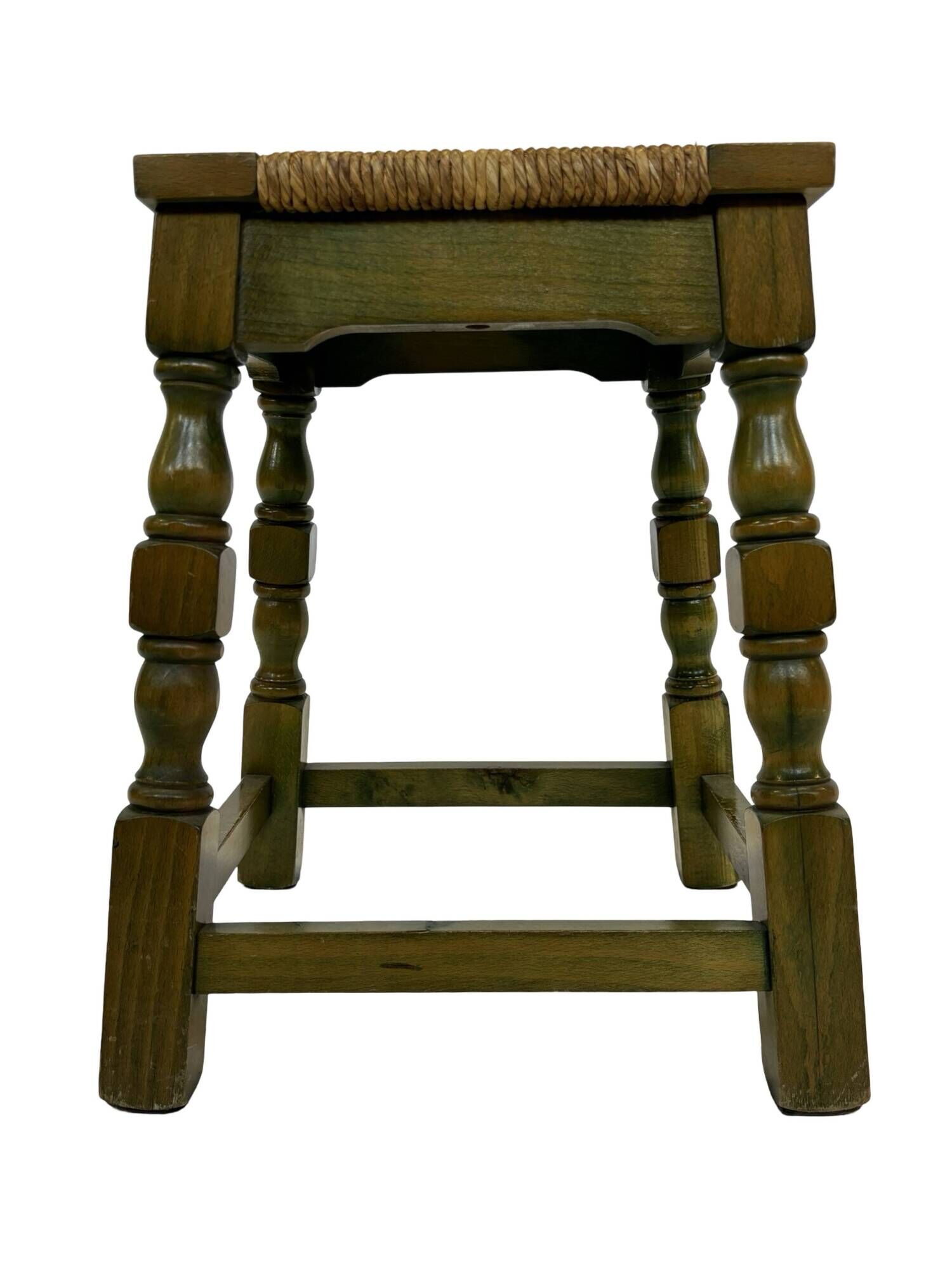 Vintage wooden stool straw seat 70s minimalist design in green