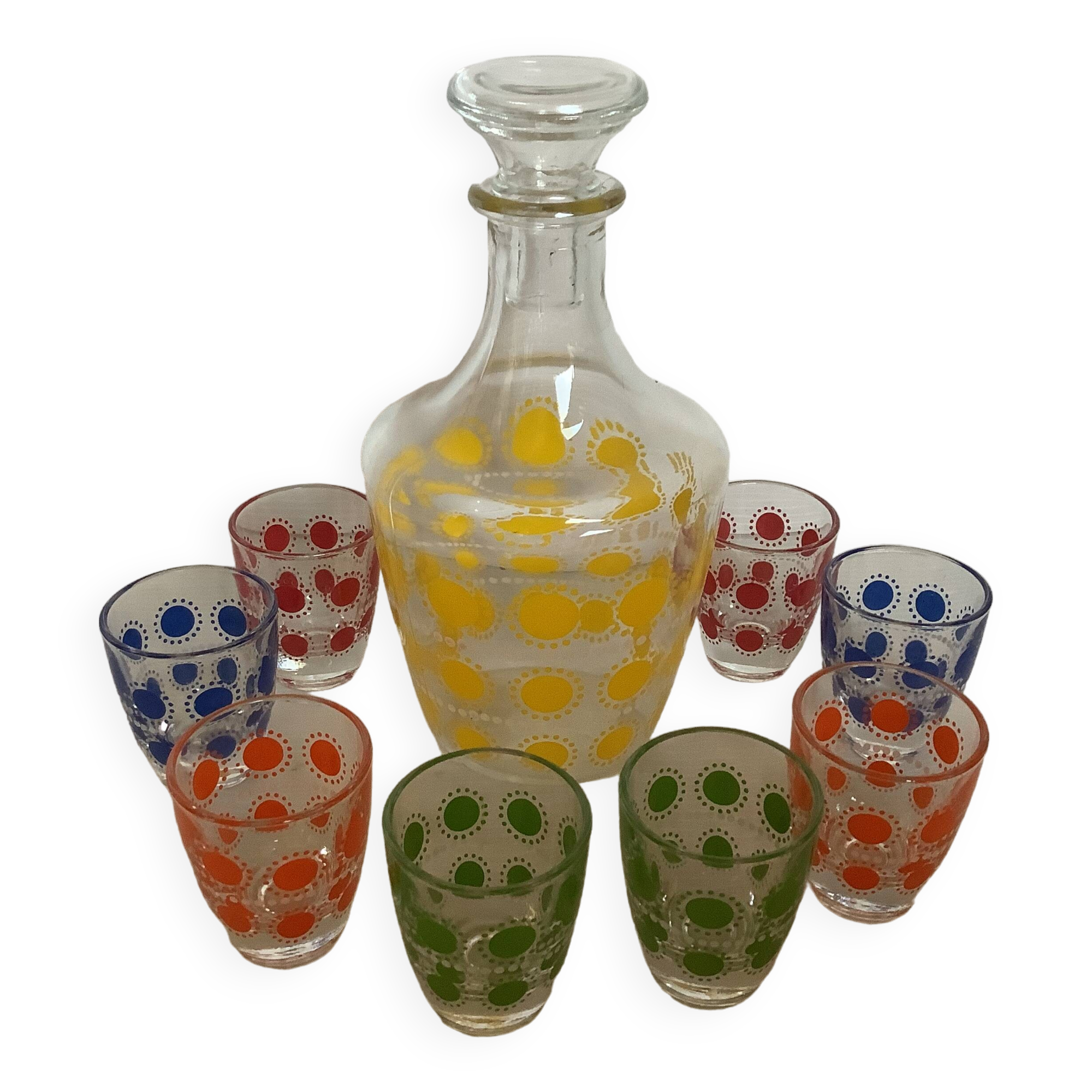Liqueur service with multicoloured polka dot patterns.