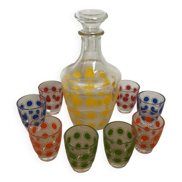 Liqueur service with multicoloured polka dot patterns.