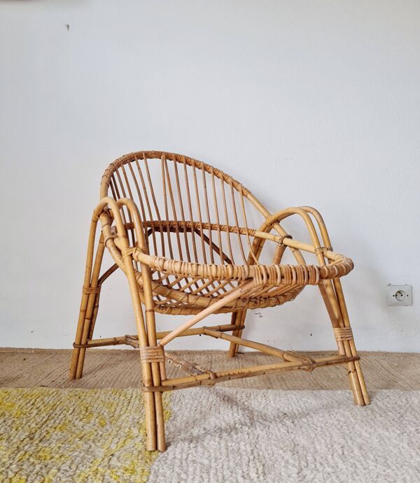 Fauteuil ancien en rotin - fauteuil adulte corbeille années 60