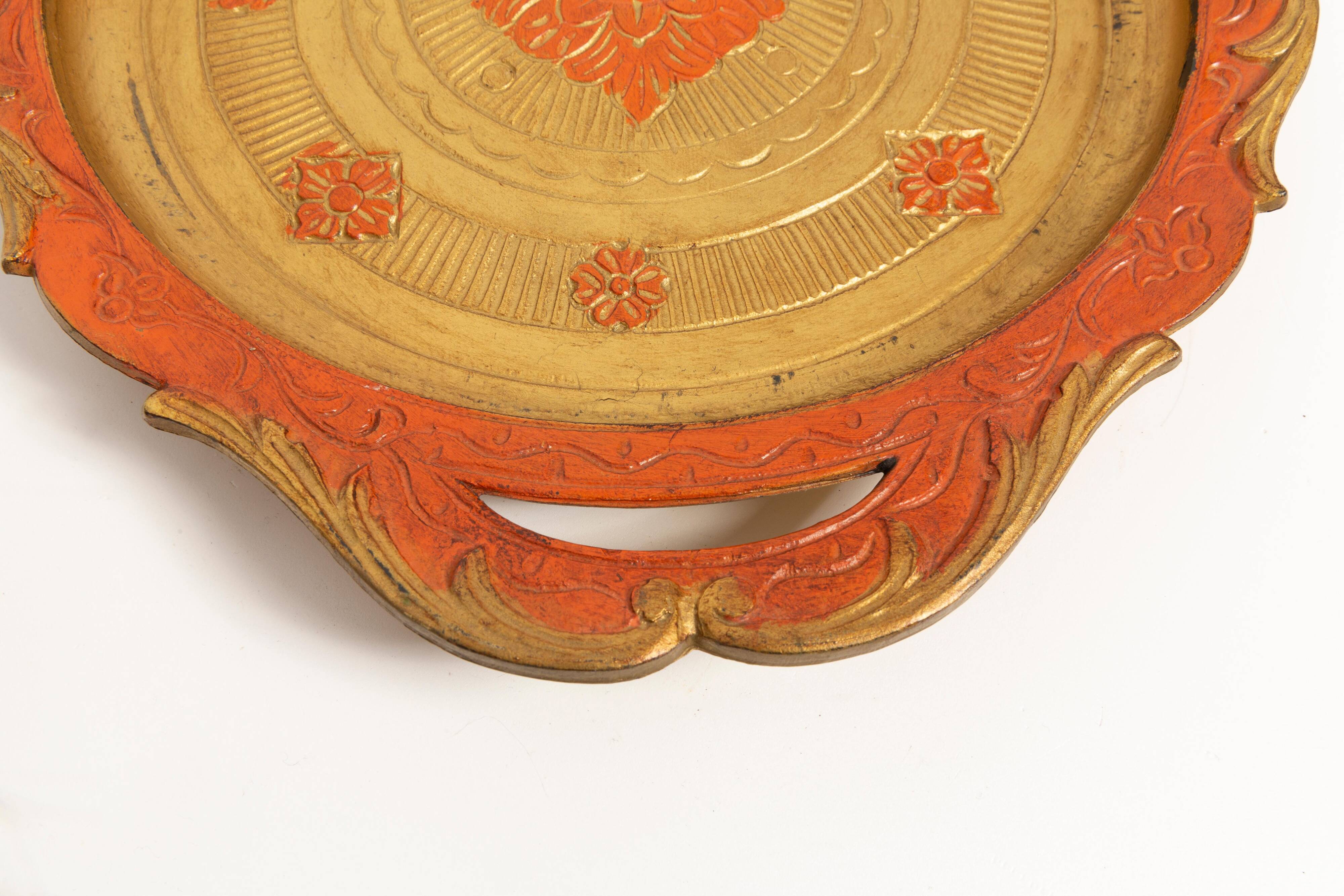 Vintage orange wooden decorative plate, Italy, 1960s