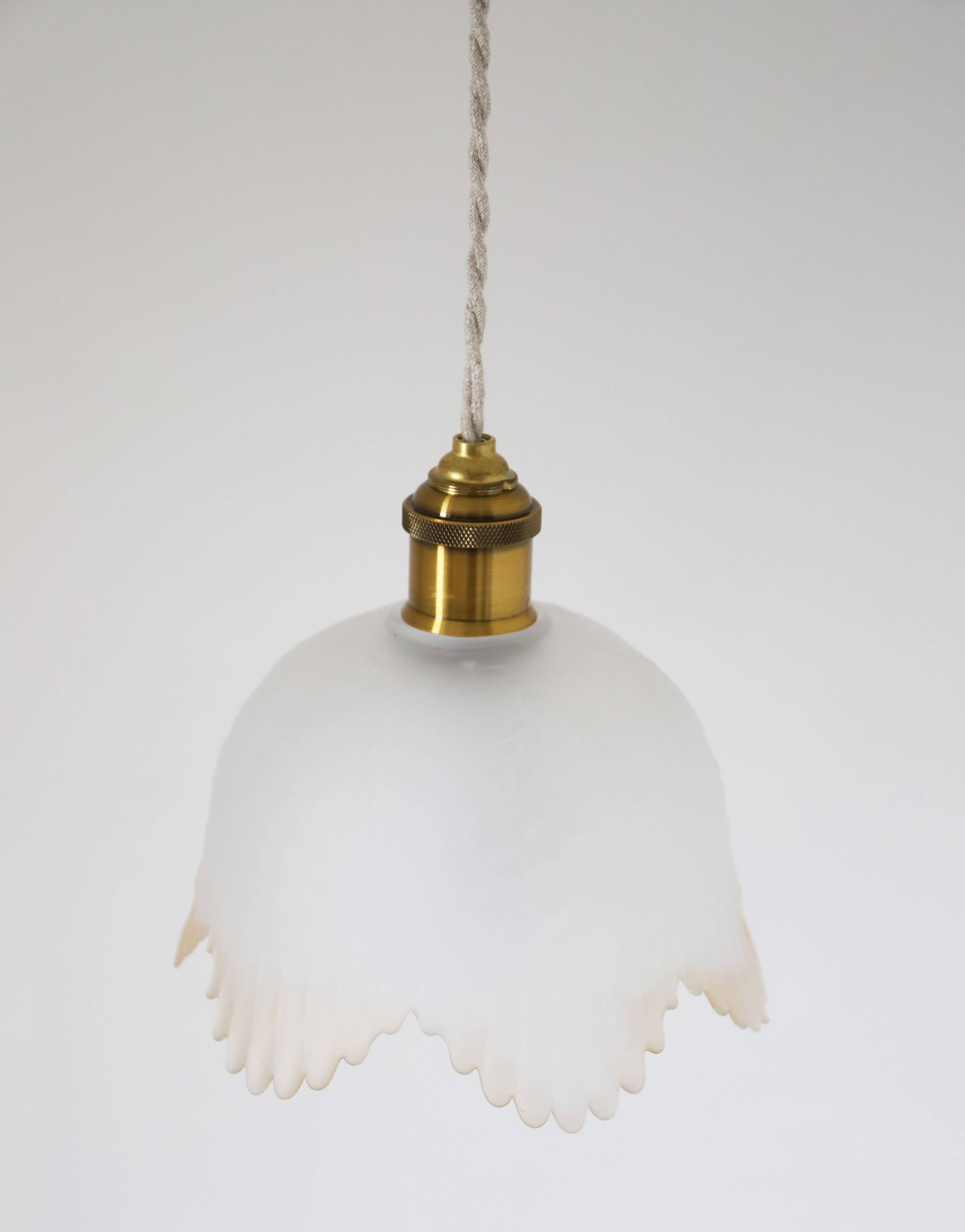 Frosted glass pendant light with floral pattern and wavy edge