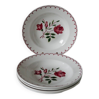 set of 5 Badonviller soup plates with pink flowers 1950