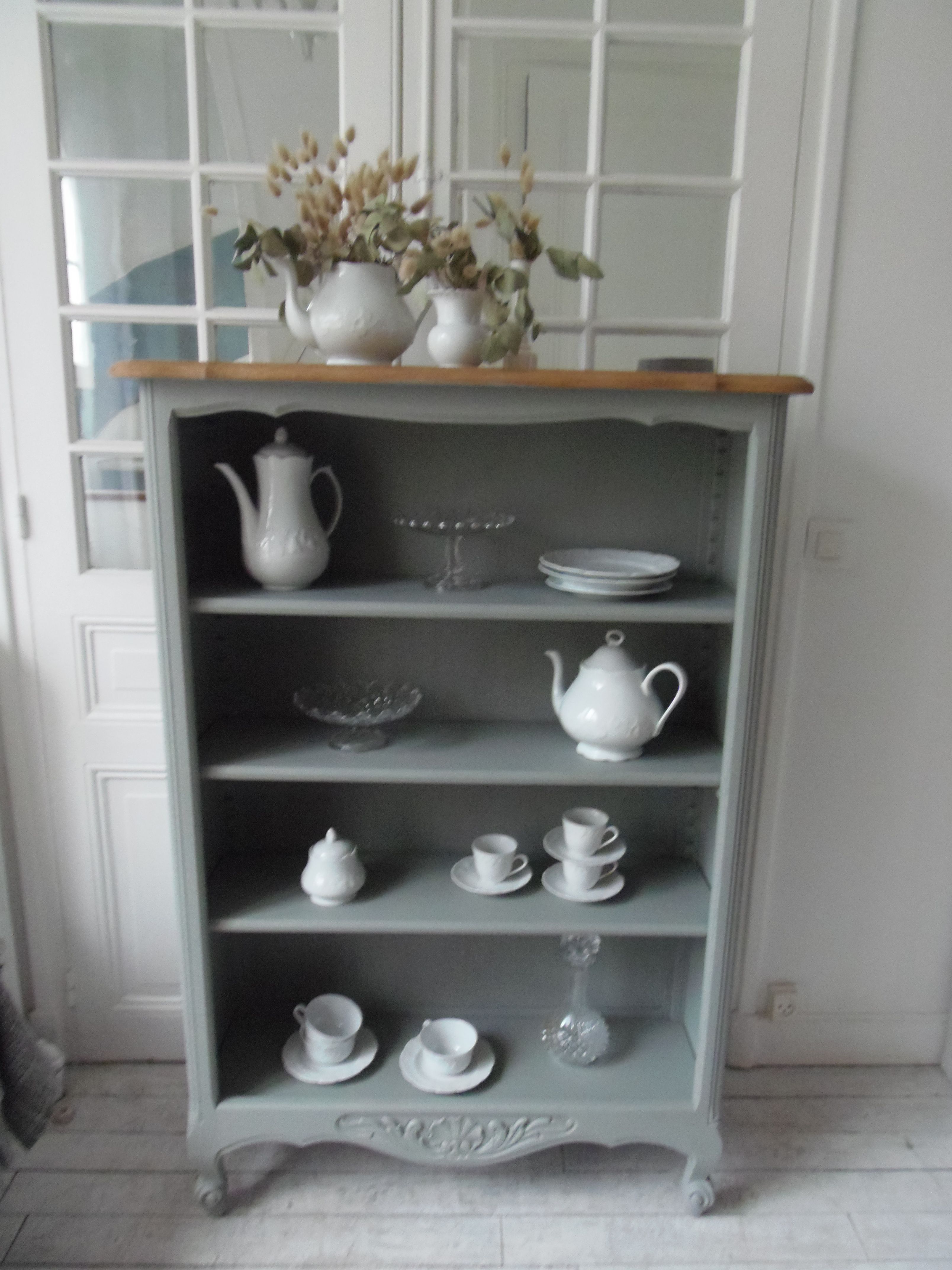 Louis XV style bookcase, green gray with 3 adjustable shelves, wooden tray.