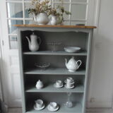 Louis XV style bookcase, green gray with 3 adjustable shelves, wooden tray.