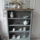 Louis XV style bookcase, green gray with 3 adjustable shelves, wooden tray.
