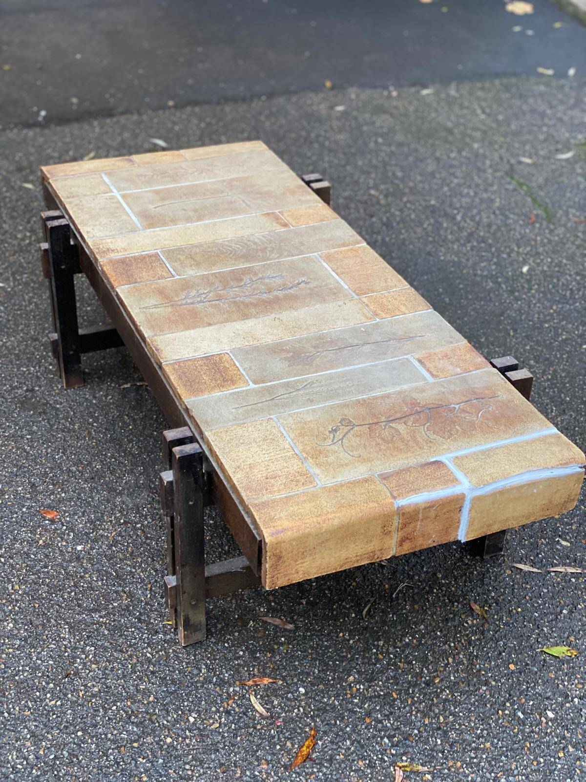 Vintage rectangular coffee table by Roger Capron, ceramic and herbarium design, 120cm