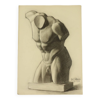 Grand dessin académique Renée Belvaux (1903-1984) Nu masculin 85x60cm