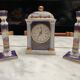 English porcelain clock and candle holders