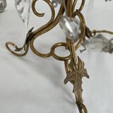 Pair of lamps, 3-light candlesticks, shabby chic, glass tassels, pendants, pleated fabric lampshade