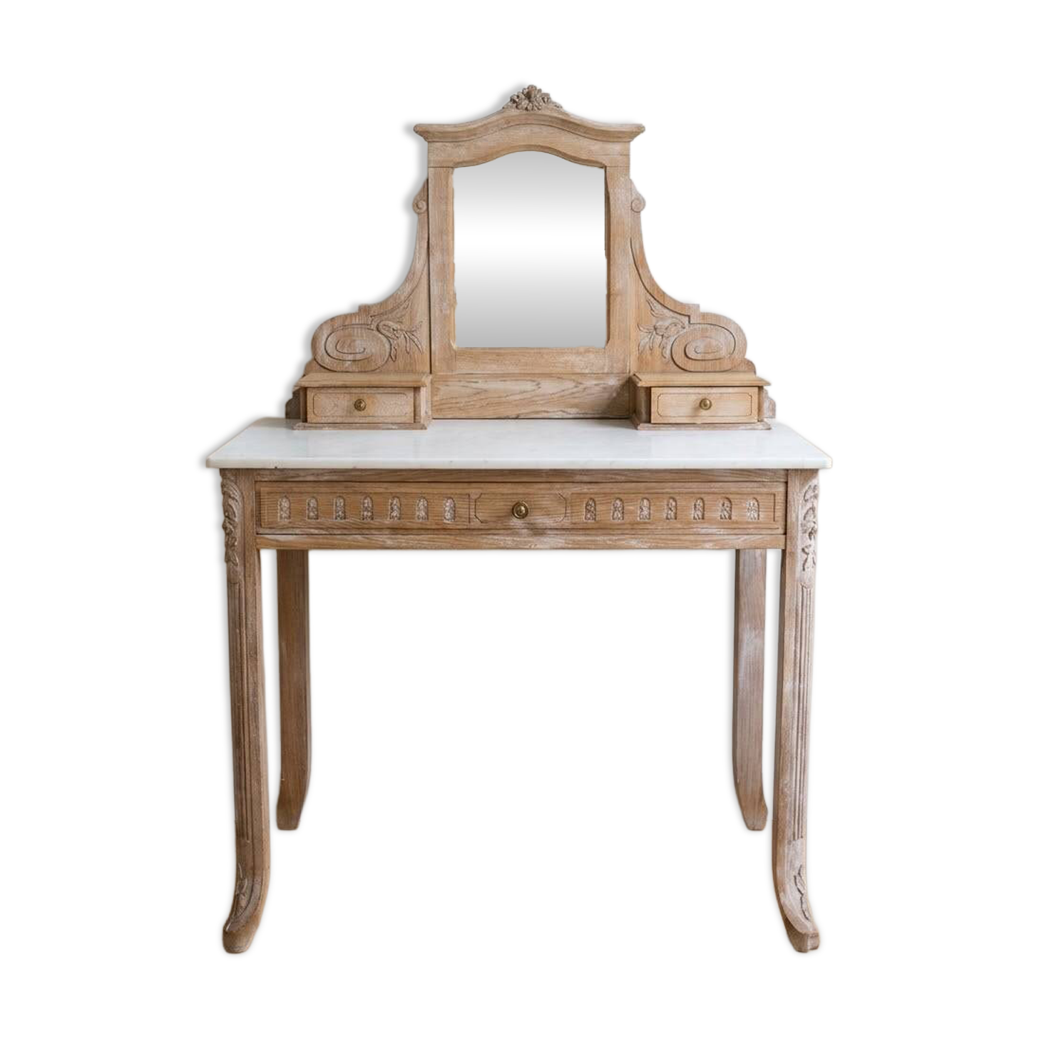 Coiffeuse ancienne en bois et marbre blanc avec miroir