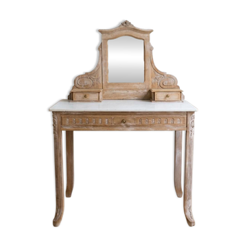 Coiffeuse ancienne en bois et marbre blanc avec miroir