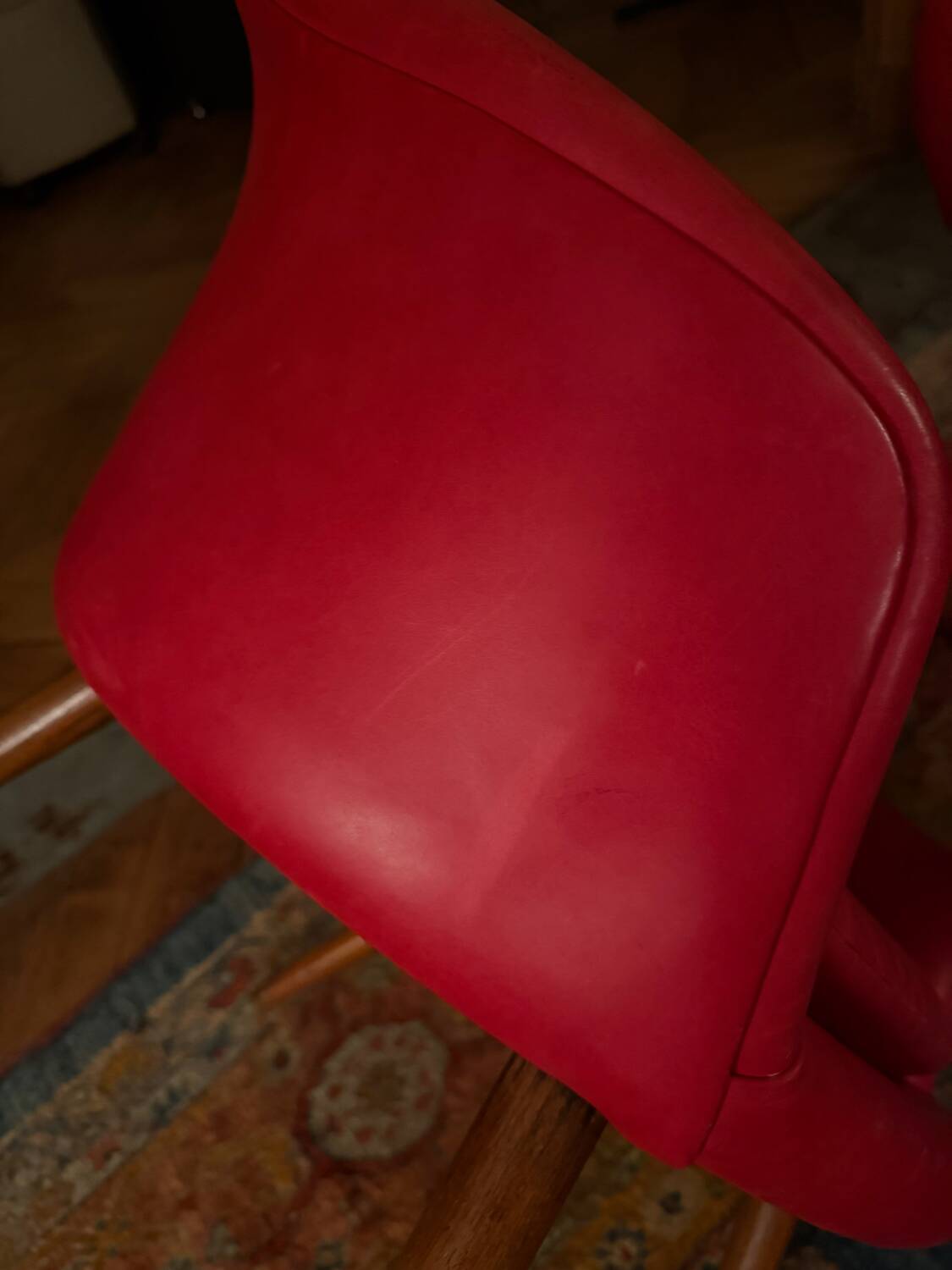 2 Hans Olsen armchairs, 1950s, red leather finish.