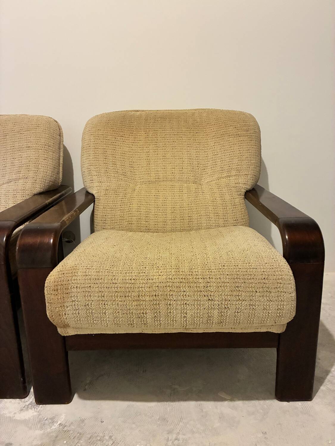 Pair of vintage beech and fabric armchairs, France, 1970s