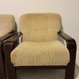 Pair of vintage beech and fabric armchairs, France, 1970s