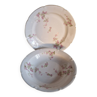 2 antique dishes with Japanese-style cherry blossom decor, Limoges, circa 1900