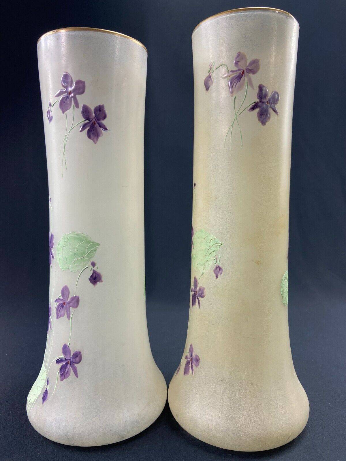 Large pair of glass vases with enameled floral decoration from the early 20th century LEGRAS