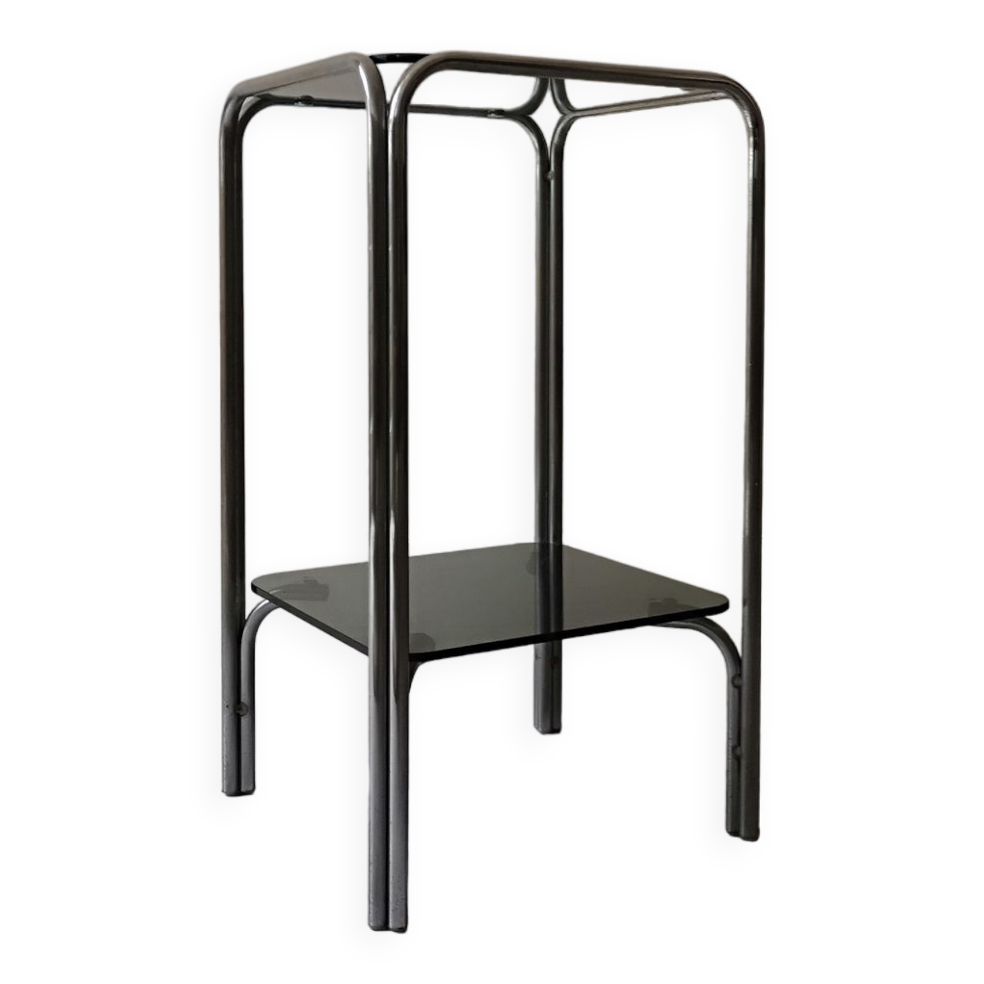 Fifth wheel console in chromed metal and smoked glass, design 1970