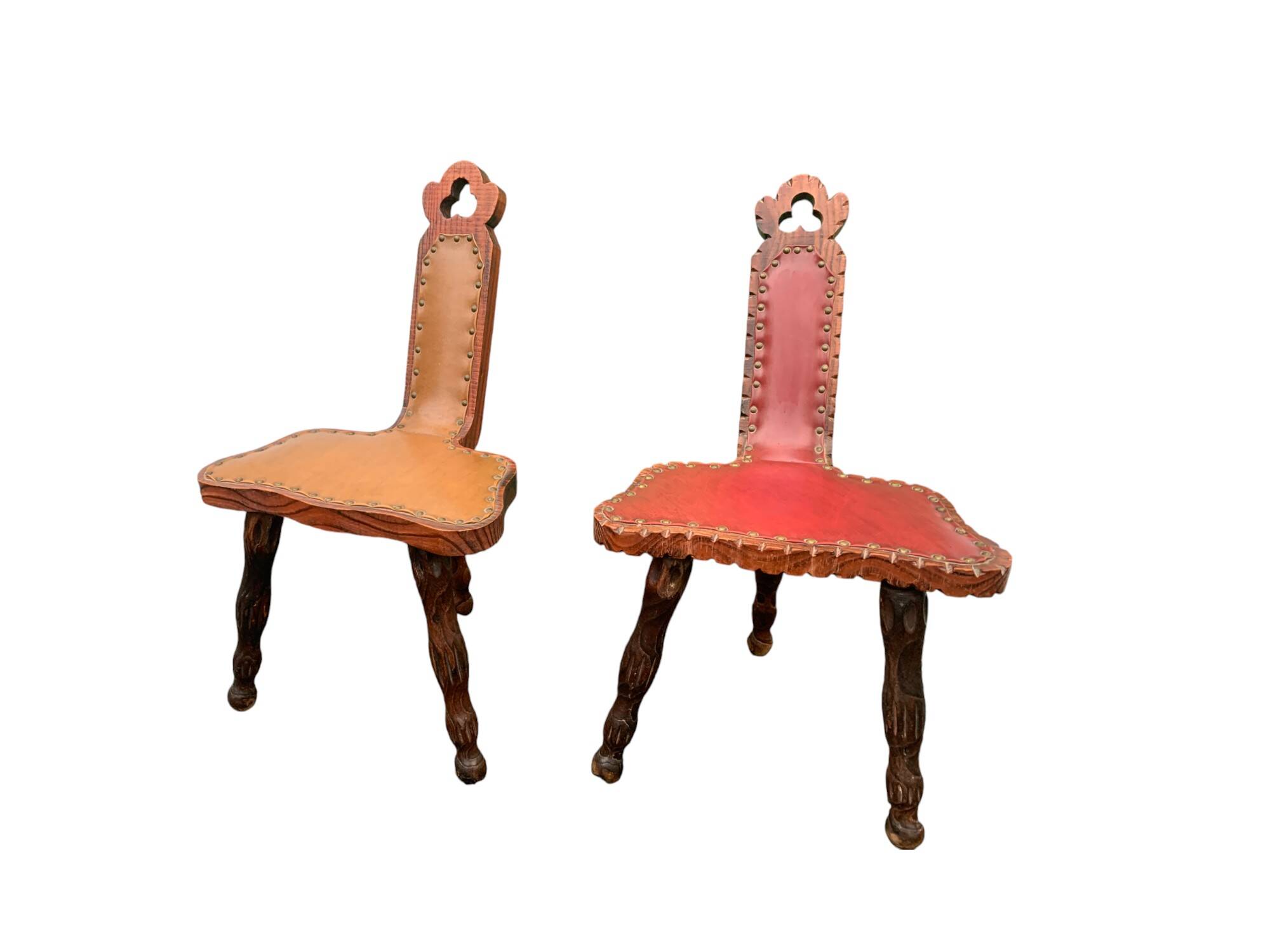 Pair of vintage French three-legged chairs with Breton style backrest, wooden seat 1960s