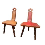 Pair of vintage French three-legged chairs with Breton style backrest, wooden seat 1960s