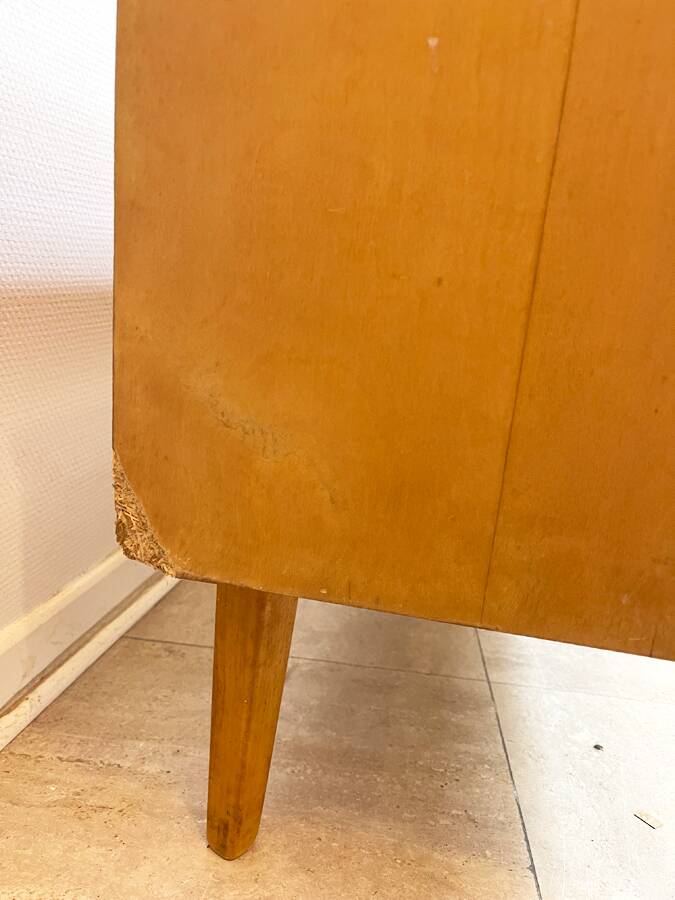 Coiffeuse basse vintage en bois blond – meuble moderniste années 50/60