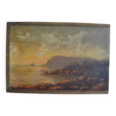 Tableau ancien bord de mer peinture marine HSP signé A. Raynal