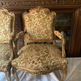 Pair of LOUIS XV style armchairs with gilded and floral tapestry
