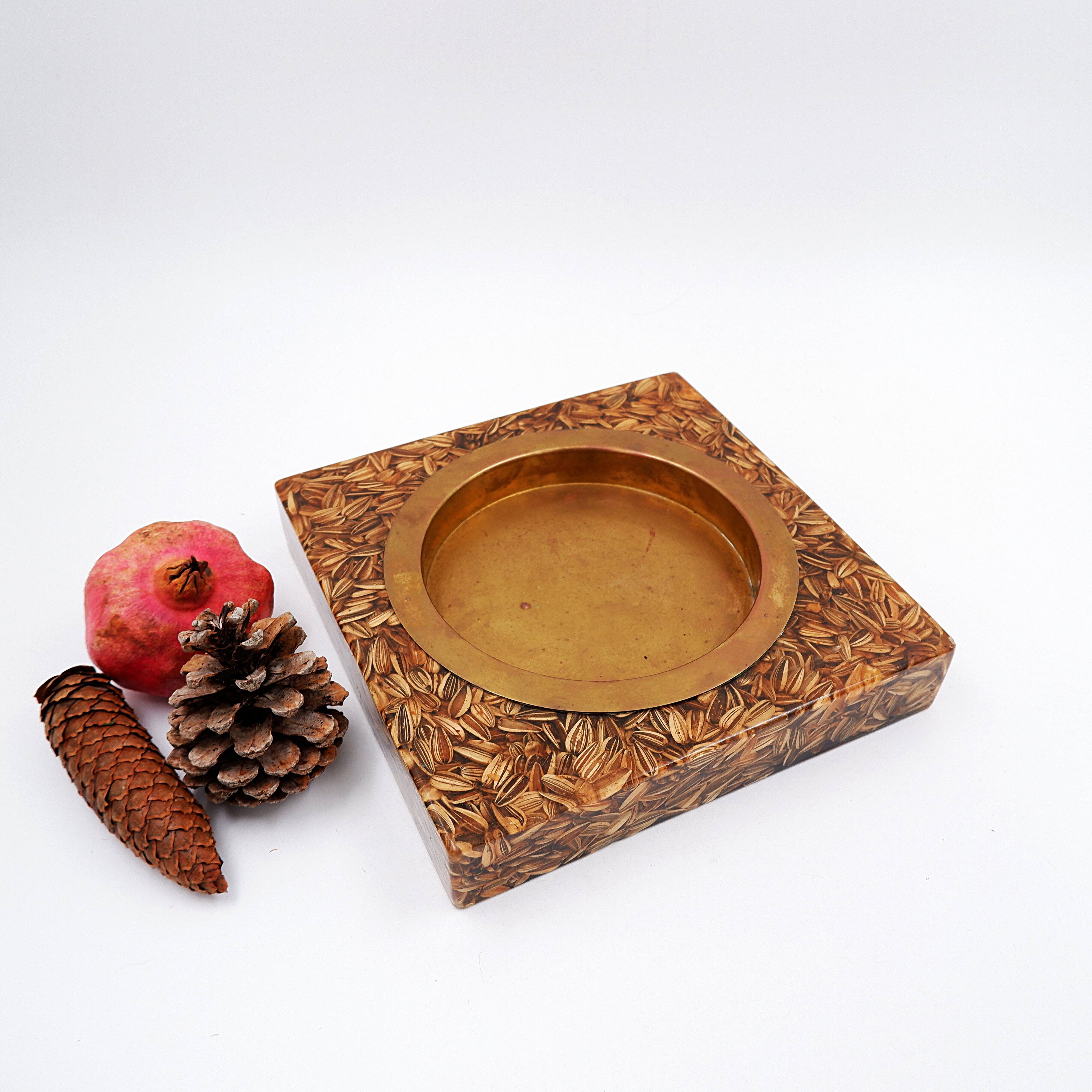 Large square brass and epoxy trinket tray with seed inclusions