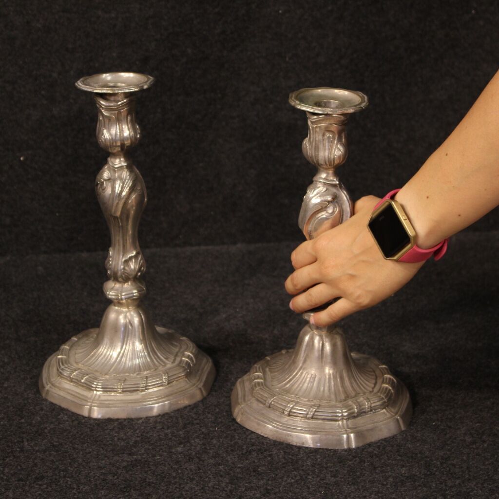 Pair of Italian silvered metal candelabras from 20th century