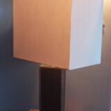 Tall cubic brown leather lamp, light gray fabric lampshade