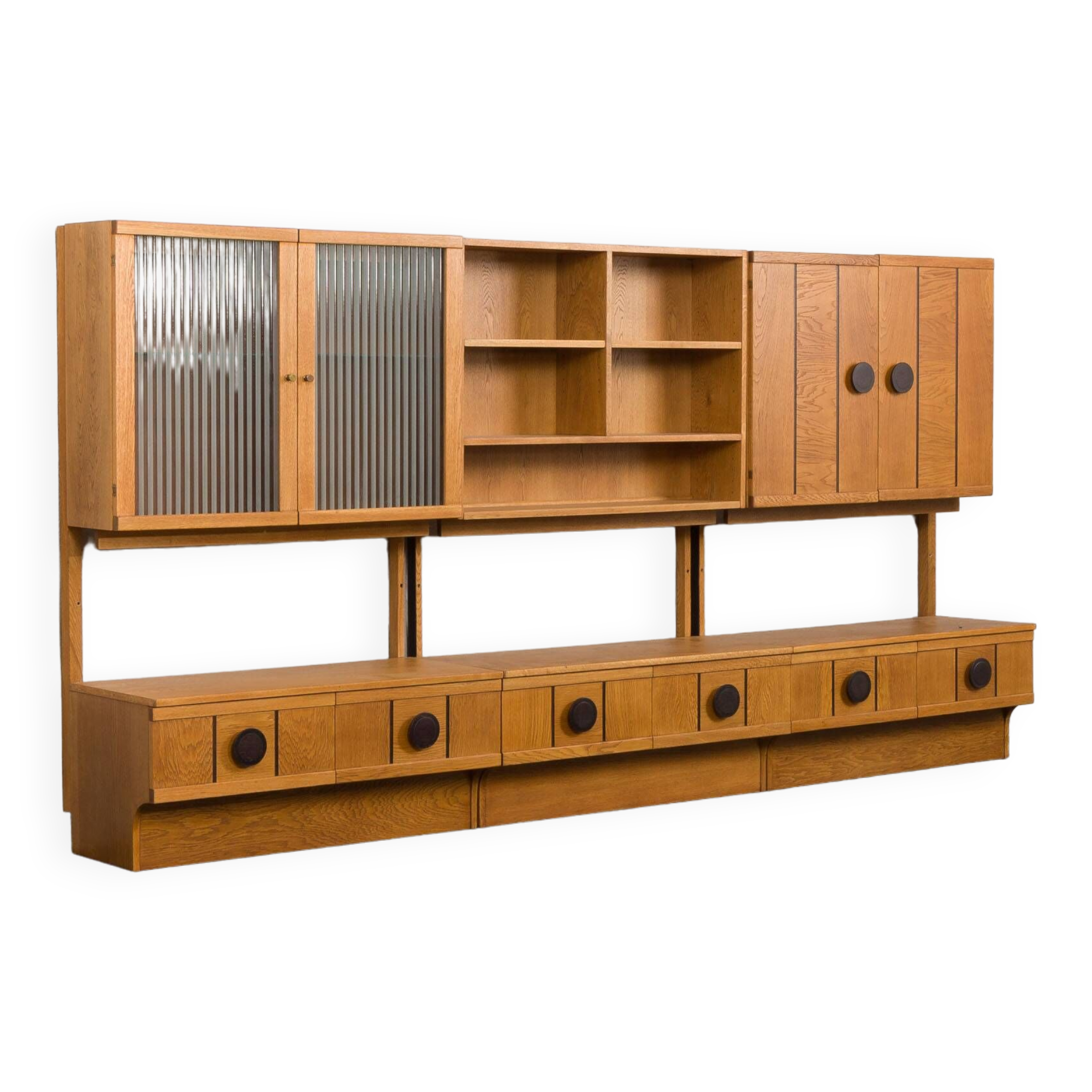 Scandinavian mid century oak wall unit with backlit, Denmark 1970s