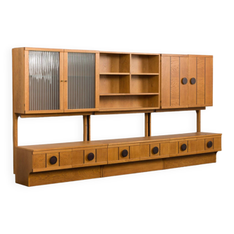 Scandinavian mid century oak wall unit with backlit, Denmark 1970s