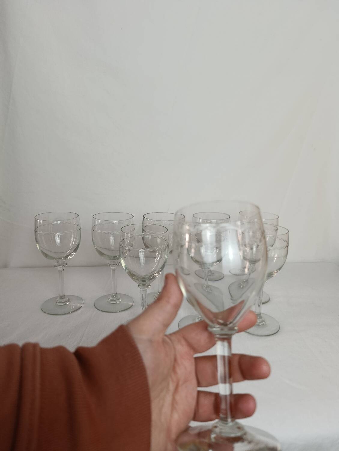 Set of 9 antique engraved crystal wine glasses