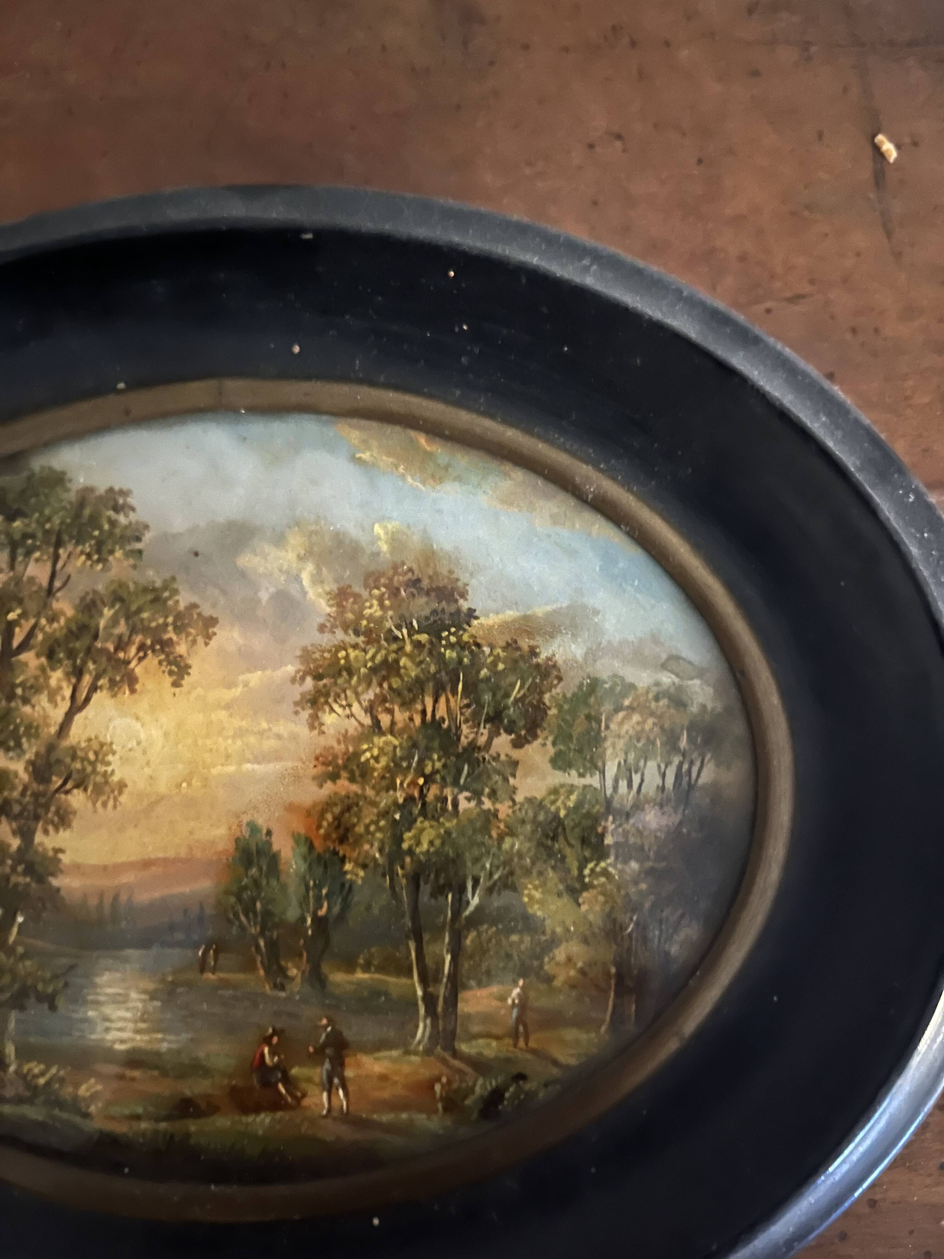 Miniature sur bois, paysage, romantique