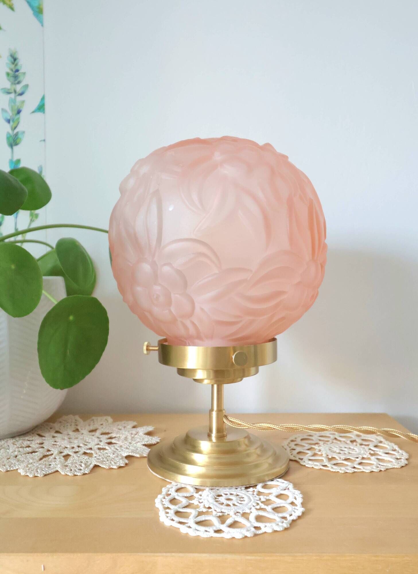 Art Deco floral table lamp, vintage pink opaline glass