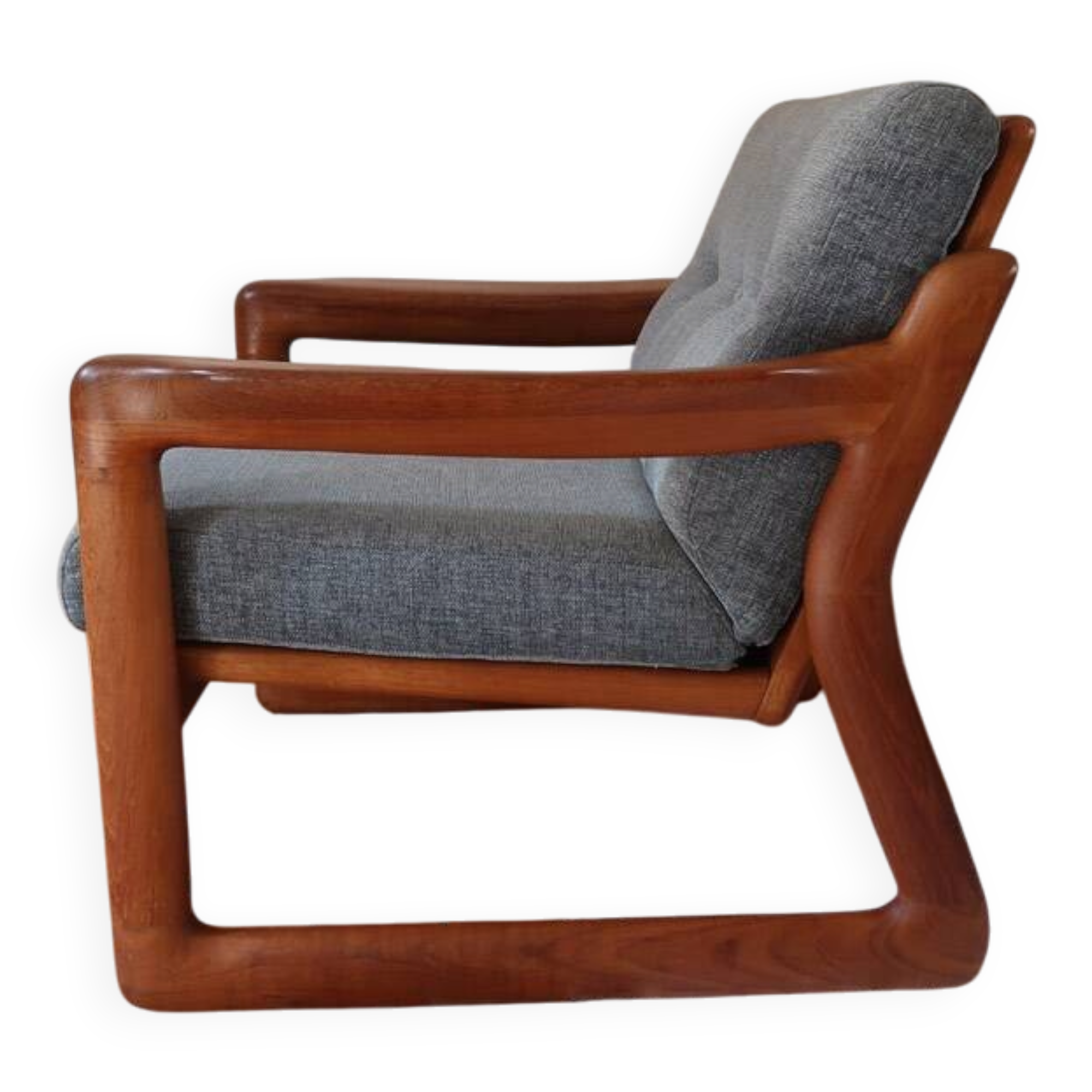 Scandinavian armchair teak Komfor blue-grey fabric 60's sled base