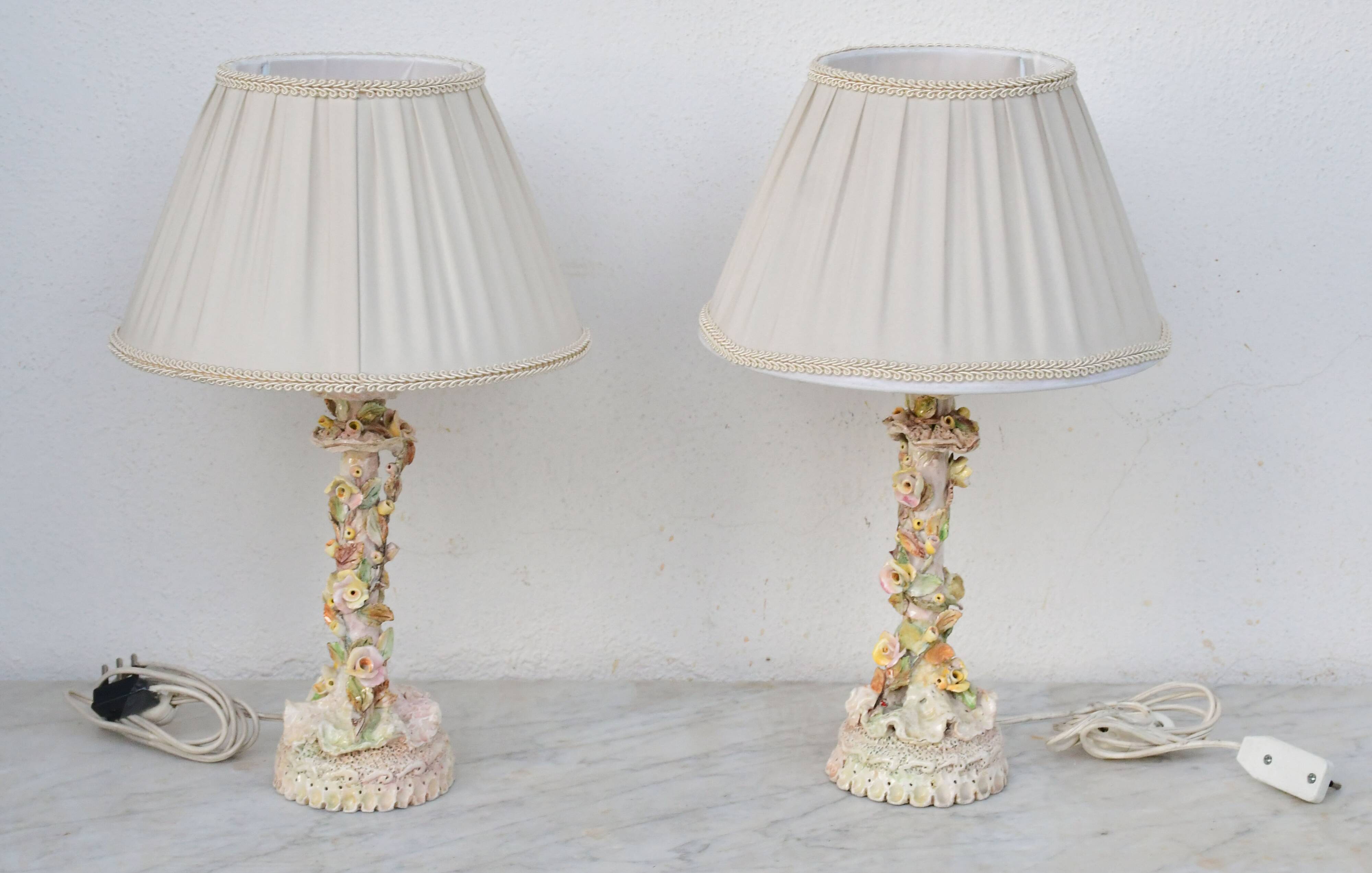 Set of 2 midcentury Italian ceramic floral table lamps