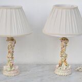 Set of 2 midcentury Italian ceramic floral table lamps