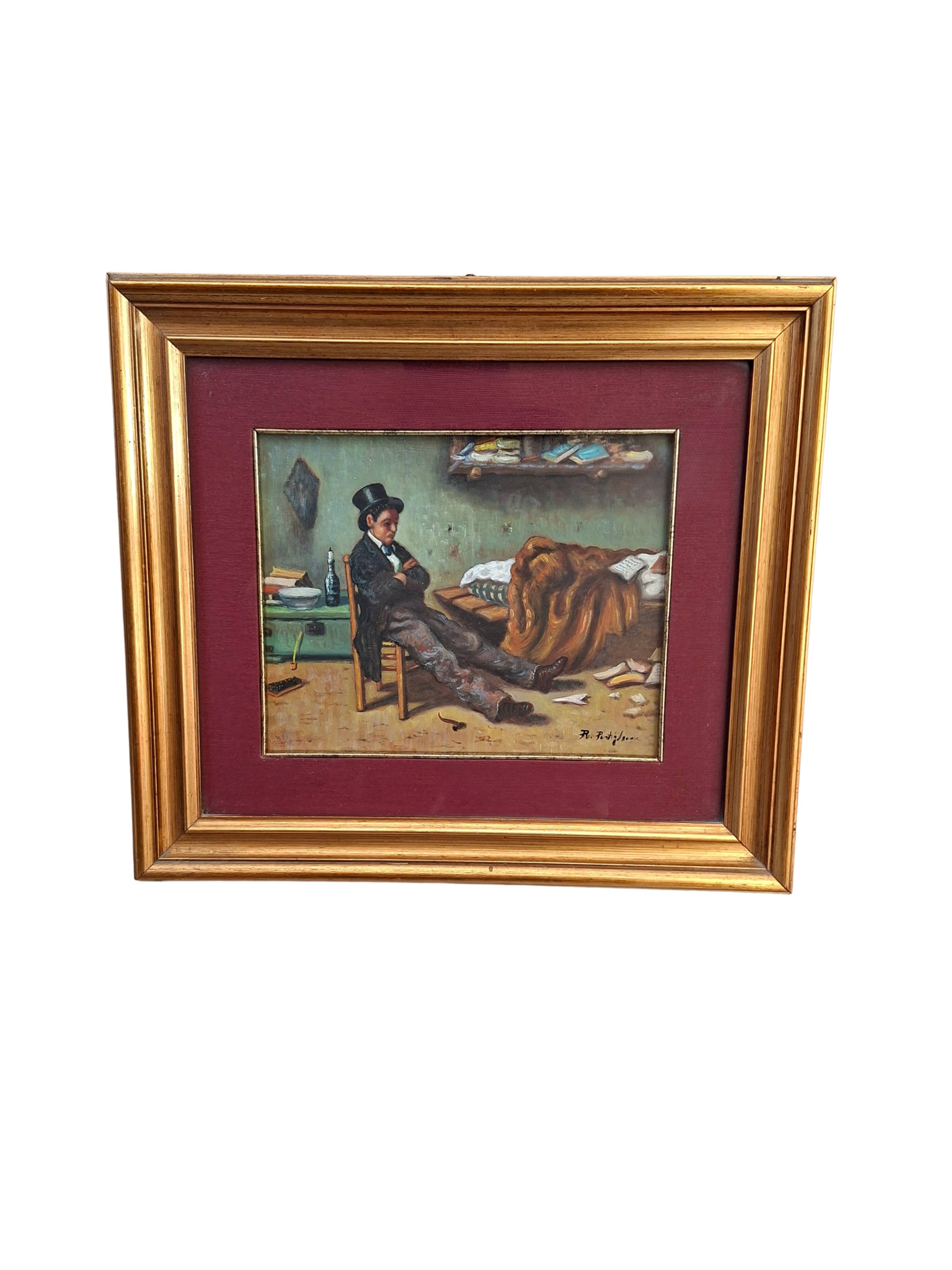 Quadro d'Artiste "Le Poète" A. Pontiglione Vintage Années '80 avec Cadre Doré