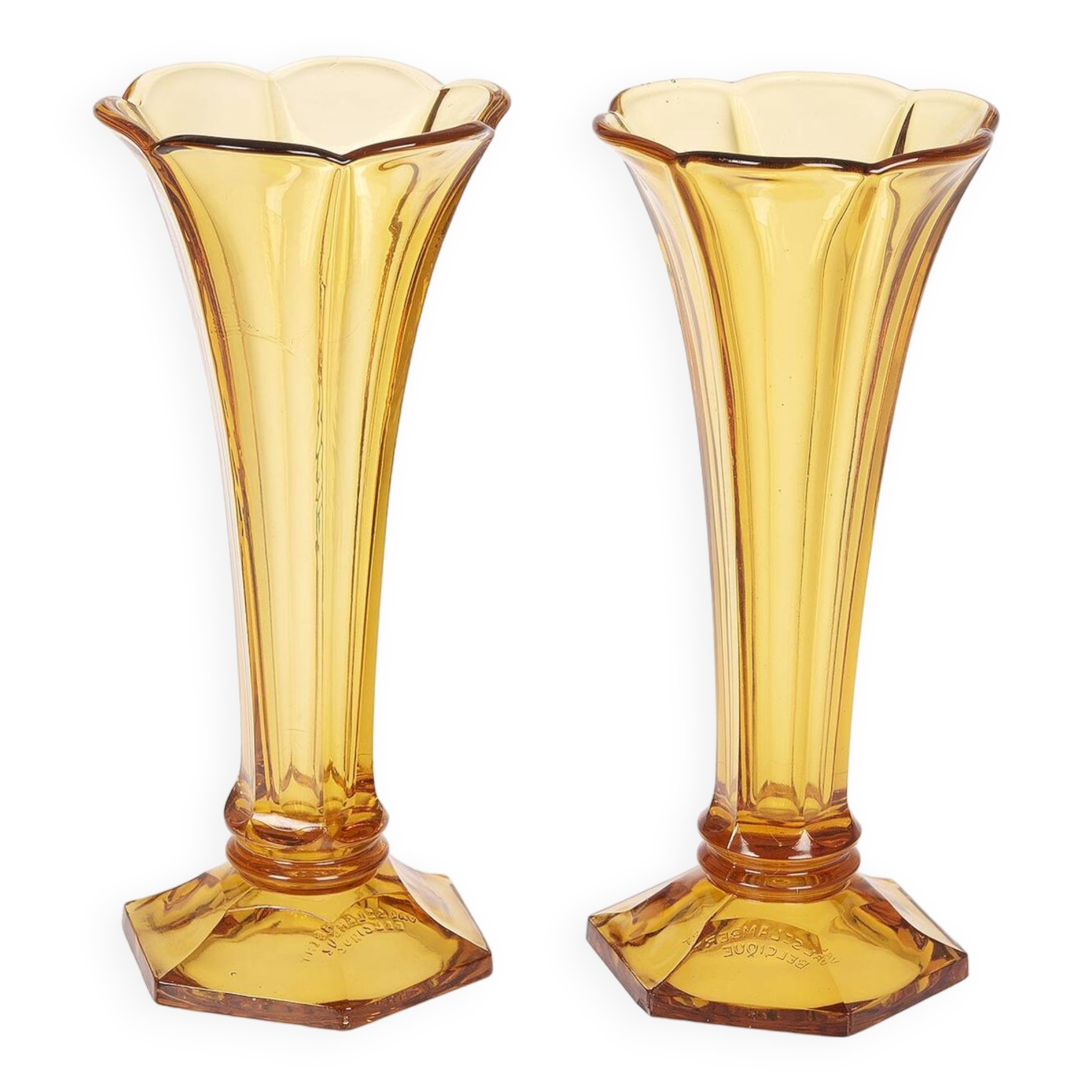 Art Deco Val Saint Lambert Belgian amber glass tulip vases, set of 2.