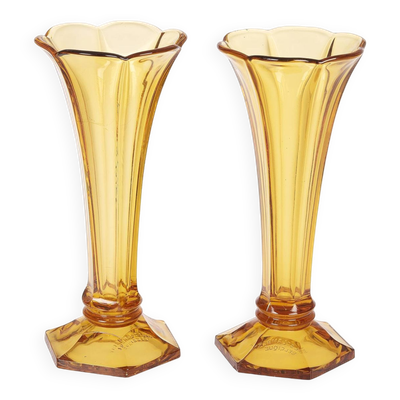Vases de tulipe en verre ambré belge Art déco Val Saint Lambert, lot de 2.