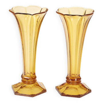 Art Deco Val Saint Lambert Belgian amber glass tulip vases, set of 2.