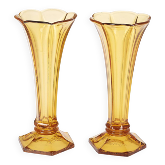 Vases de tulipe en verre ambré belge Art déco Val Saint Lambert, lot de 2.